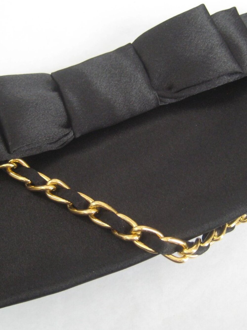 SMALL BLACK SATIN JESSICA McCLINTOCK EVENING BAG w/BOW & CHAIN HANDLE 10" x 4"